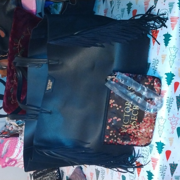 Victoria Secret black tote bag+ black and sequin festive cosmetic bag New - Picture 16 of 17